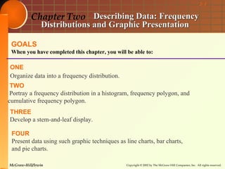 2- 1


          Chapter Two Describing Data: Frequency
                Distributions and Graphic Presentation

 GOALS
 When you have completed this chapter, you will be able to:

ONE
Organize data into a frequency distribution.
 TWO
 Portray a frequency distribution in a histogram, frequency polygon, and
cumulative frequency polygon.
THREE
Develop a stem-and-leaf display.

 FOUR
 Present data using such graphic techniques as line charts, bar charts,
 and pie charts.

McGraw-Hill/Irwin                               Copyright © 2002 by The McGraw-Hill Companies, Inc. All rights reserved.
 