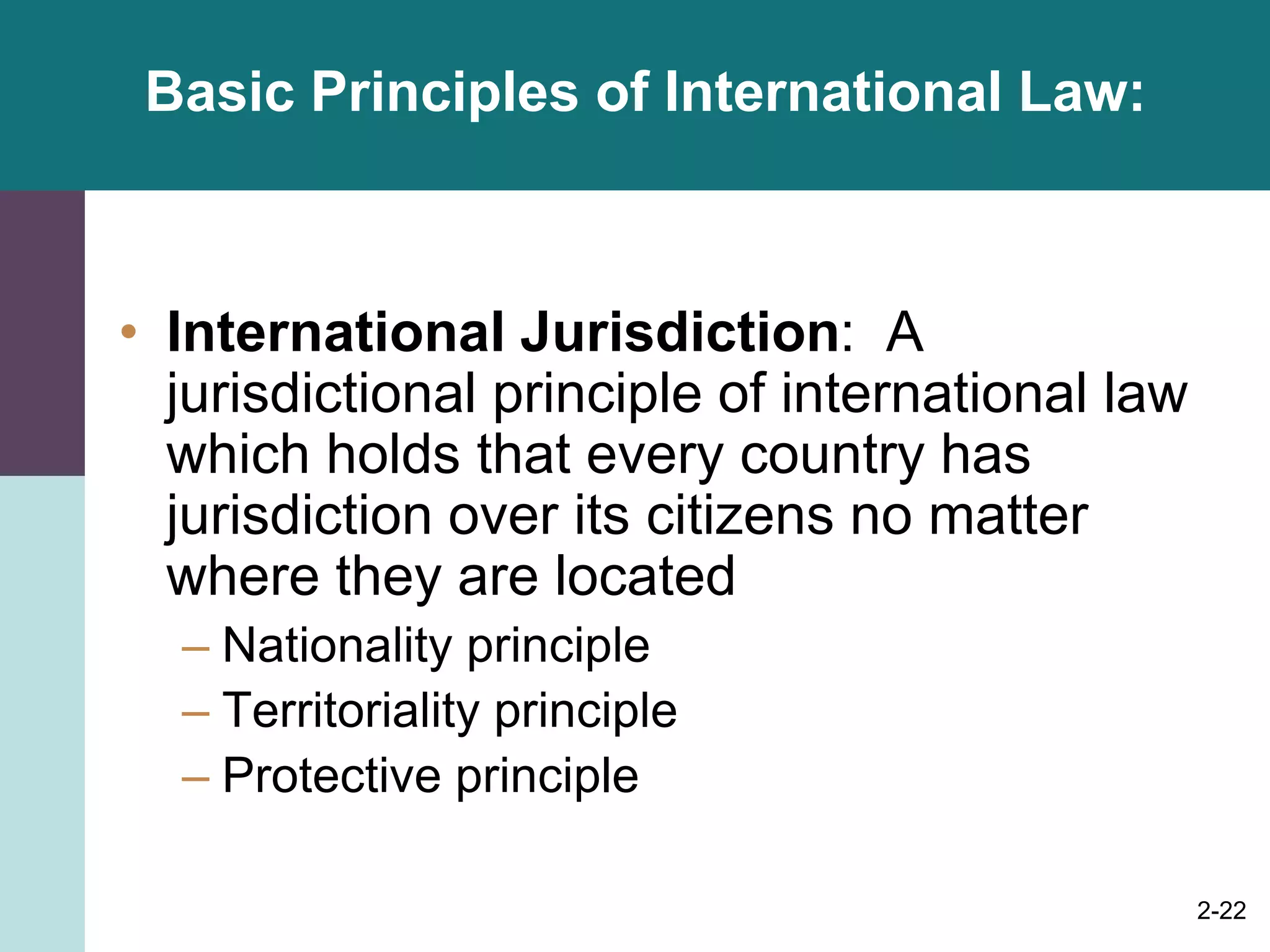 2-22
Basic Principles of International Law:
• International Jurisdiction: A
jurisdictional principle of international law
which holds that every country has
jurisdiction over its citizens no matter
where they are located
– Nationality principle
– Territoriality principle
– Protective principle
 