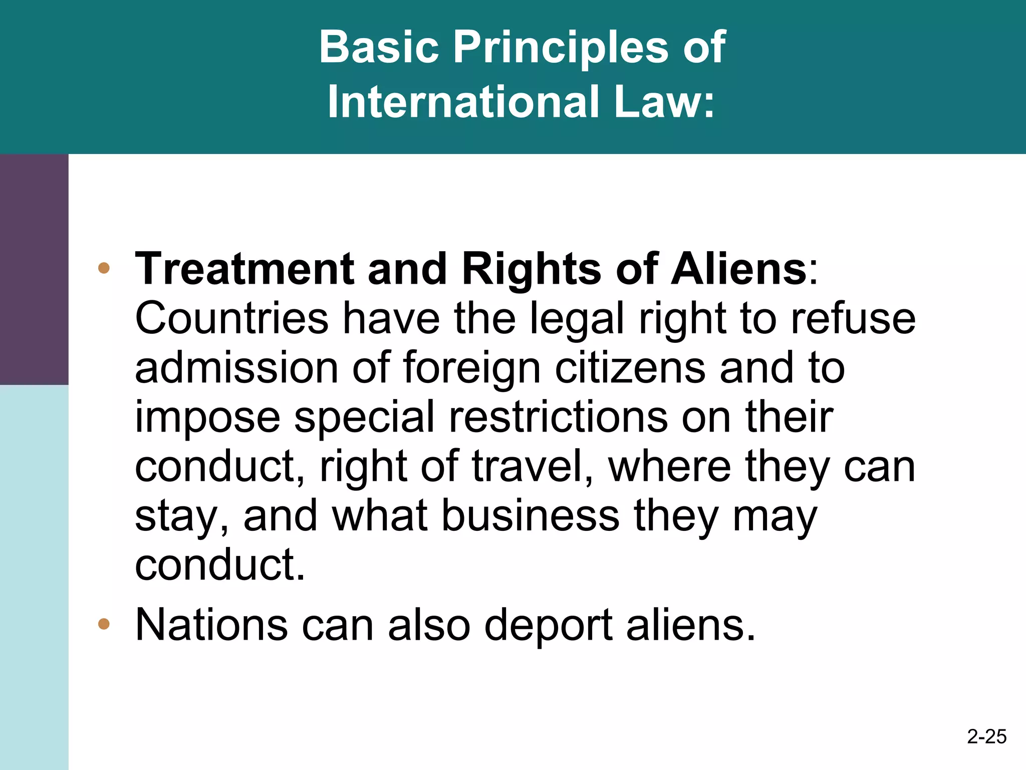 2-25
Basic Principles of
International Law:
• Treatment and Rights of Aliens:
Countries have the legal right to refuse
admission of foreign citizens and to
impose special restrictions on their
conduct, right of travel, where they can
stay, and what business they may
conduct.
• Nations can also deport aliens.
 