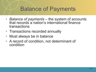 Balance of Payments
• Balance of payments – the system of accounts
  that records a nation’s international finance
  transactions
• Transactions recorded annually
• Must always be in balance
• A record of condition, not determinant of
  condition




                                                  2-12
 
