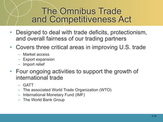 The Omnibus Trade
           and Competitiveness Act
• Designed to deal with trade deficits, protectionism,
  and overall fairness of our trading partners
• Covers three critical areas in improving U.S. trade
   – Market access
   – Export expansion
   – Import relief
• Four ongoing activities to support the growth of
  international trade
   –   GATT
   –   The associated World Trade Organization (WTO)
   –   International Monetary Fund (IMF)
   –   The World Bank Group


                                                         2-18
 