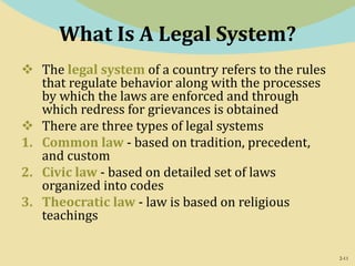 2-11
What Is A Legal System?
 The legal system of a country refers to the rules
that regulate behavior along with the processes
by which the laws are enforced and through
which redress for grievances is obtained
 There are three types of legal systems
1. Common law - based on tradition, precedent,
and custom
2. Civic law - based on detailed set of laws
organized into codes
3. Theocratic law - law is based on religious
teachings
 