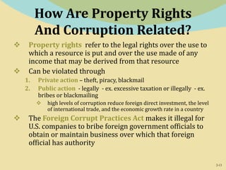 2-13
How Are Property Rights
And Corruption Related?
 Property rights refer to the legal rights over the use to
which a resource is put and over the use made of any
income that may be derived from that resource
 Can be violated through
1. Private action – theft, piracy, blackmail
2. Public action - legally - ex. excessive taxation or illegally - ex.
bribes or blackmailing
 high levels of corruption reduce foreign direct investment, the level
of international trade, and the economic growth rate in a country
 The Foreign Corrupt Practices Act makes it illegal for
U.S. companies to bribe foreign government officials to
obtain or maintain business over which that foreign
official has authority
 