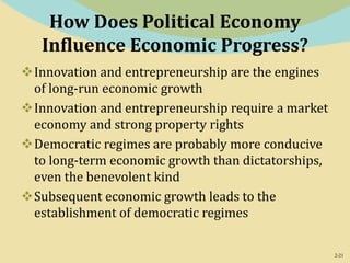 2-21
How Does Political Economy
Influence Economic Progress?
Innovation and entrepreneurship are the engines
of long-run economic growth
Innovation and entrepreneurship require a market
economy and strong property rights
Democratic regimes are probably more conducive
to long-term economic growth than dictatorships,
even the benevolent kind
Subsequent economic growth leads to the
establishment of democratic regimes
 