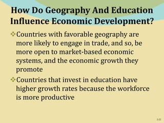 2-22
How Do Geography And Education
Influence Economic Development?
Countries with favorable geography are
more likely to engage in trade, and so, be
more open to market-based economic
systems, and the economic growth they
promote
Countries that invest in education have
higher growth rates because the workforce
is more productive
 