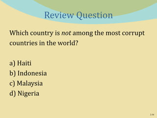 2-36
Review Question
Which country is not among the most corrupt
countries in the world?
a) Haiti
b) Indonesia
c) Malaysia
d) Nigeria
 