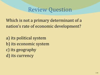2-38
Review Question
Which is not a primary determinant of a
nation’s rate of economic development?
a) its political system
b) its economic system
c) its geography
d) its currency
 