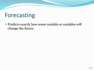 Forecasting
 Predicts exactly how some variable or variables will
 change the future.




                                                         2-22
 