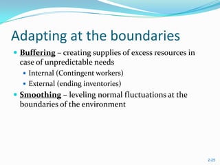 Adapting at the boundaries
 Buffering – creating supplies of excess resources in
 case of unpredictable needs
   Internal (Contingent workers)
   External (ending inventories)
 Smoothing – leveling normal fluctuations at the
 boundaries of the environment




                                                         2-25
 