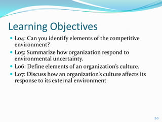 Learning Objectives
 L04: Can you identify elements of the competitive
  environment?
 L05: Summarize how organization respond to
  environmental uncertainty.
 L06: Define elements of an organization’s culture.
 L07: Discuss how an organization’s culture affects its
  response to its external environment




                                                           2-3
 