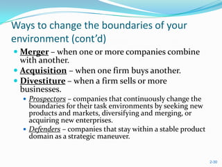 Ways to change the boundaries of your
environment (cont’d)
 Merger – when one or more companies combine
  with another.
 Acquisition – when one firm buys another.
 Divestiture – when a firm sells or more
  businesses.
   Prospectors – companies that continuously change the
    boundaries for their task environments by seeking new
    products and markets, diversifying and merging, or
    acquiring new enterprises.
   Defenders – companies that stay within a stable product
    domain as a strategic maneuver.


                                                              2-30
 