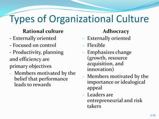 Types of Organizational Culture
       Rational culture                 Adhocracy
- Externally oriented        -   Externally oriented
- Focused on control         -   Flexible
- Productivity, planning     -   Emphasizes change
and efficiency are               (growth, resource
primary objectives               acquisition, and
                                 innovation)
- Members motivated by the
   belief that performance   -   Members motivated by the
   leads to rewards              importance or idealogical
                                 appeal
                             -   Leaders are
                                 entrepreneurial and risk
                                 takers
                                                             2-35
 