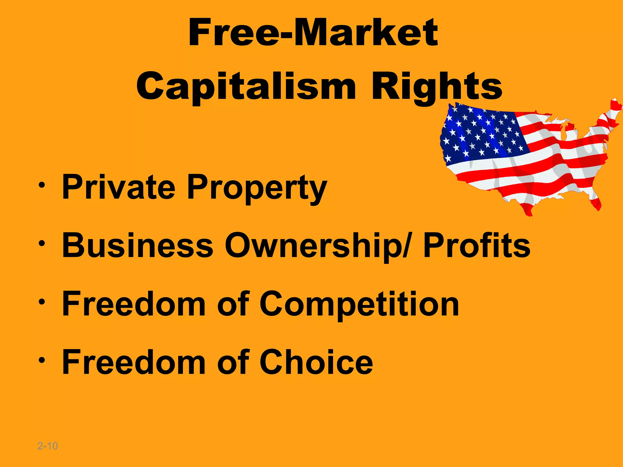 Free-Market  Capitalism Rights 2- Private Property Business Ownership/ Profits Freedom of Competition Freedom of Choice 