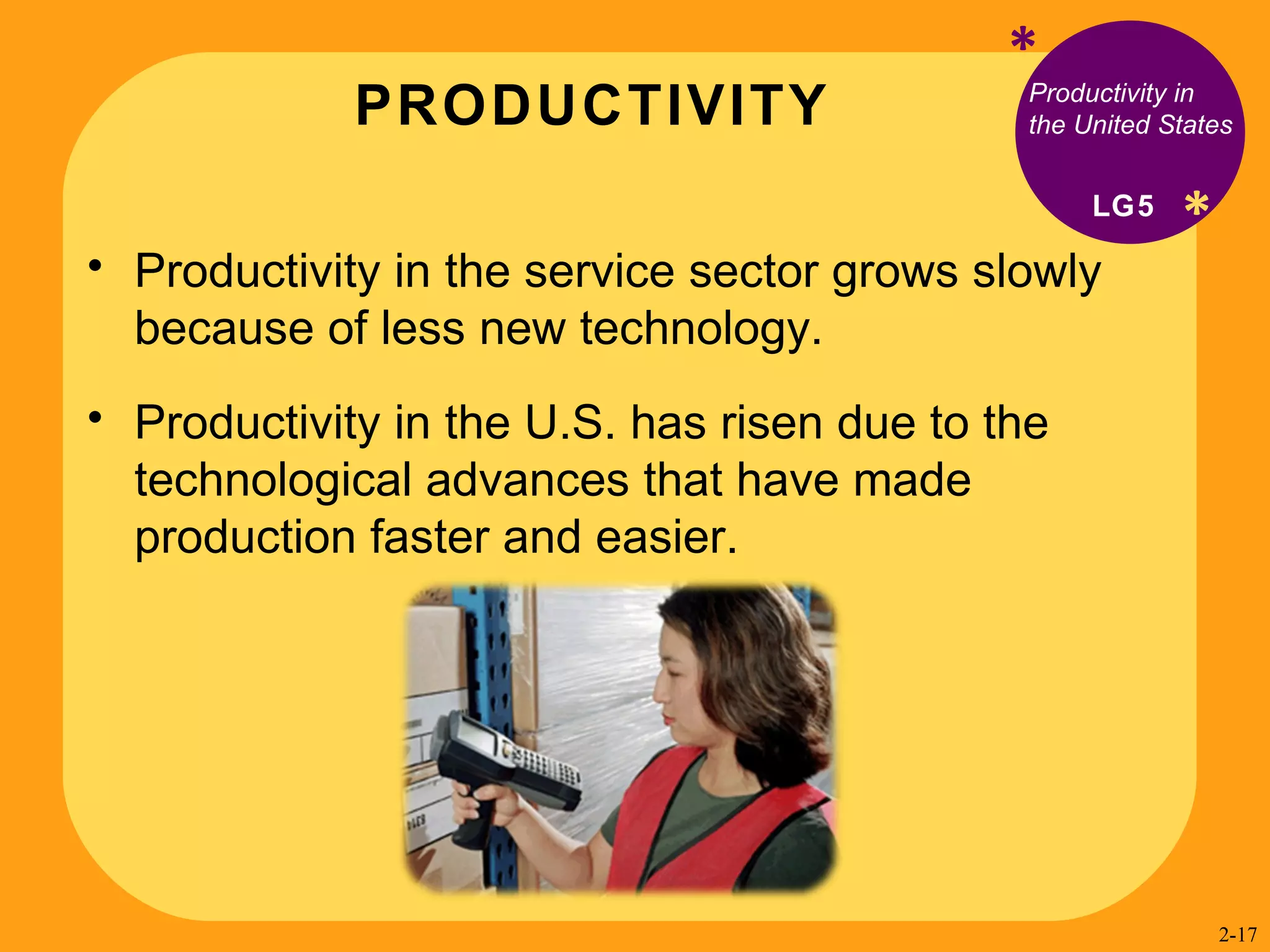 PRODUCTIVITY * * Productivity in the United States Productivity in the service sector grows slowly because of less new technology.  Productivity in the U.S. has risen due to the technological advances that have made production faster and easier. LG5 2- 