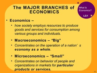 The MAJOR BRANCHES of  ECONOMICS * What Is  Economics? Economics –  how society employs resources to produce goods and services for consumption among various groups and individuals. Macroeconomics – “Big” Concentrates on the operation of a nation’s  economy as a whole . Microeconomics – “Small” Concentrates on behavior of people and organizations in markets for  particular products or services. LG1 * 2- 