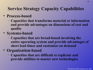 16
©The McGraw-Hill Companies, Inc., 2004
Service Strategy Capacity Capabilities
• Process-based
– Capacities that transforms material or information
and provide advantages on dimensions of cost and
quality
• Systems-based
– Capacities that are broad-based involving the
entire operating system and provide advantages of
short lead times and customize on demand
• Organization-based
– Capacities that are difficult to replicate and
provide abilities to master new technologies
 