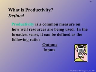17
©The McGraw-Hill Companies, Inc., 2004
What is Productivity?
Defined
Productivity is a common measure on
how well resources are being used. In the
broadest sense, it can be defined as the
following ratio:
Outputs
Inputs
 