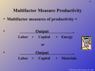 20
©The McGraw-Hill Companies, Inc., 2004
Multifactor Measure Productivity
• Multifactor measures of productivity =
• Output .
Labor + Capital + Energy
or
• Output .
Labor + Capital + Materials
 