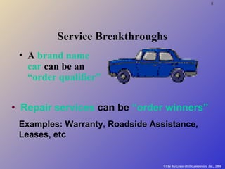 8
©The McGraw-Hill Companies, Inc., 2004
Service Breakthroughs
• A brand name
car can be an
“order qualifier”
• Repair services can be “order winners”
Examples: Warranty, Roadside Assistance,
Leases, etc
 