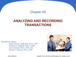 Chapter 02

                  ANALYZING AND RECORDING
                       TRANSACTIONS



PowerPoint Authors:
        Susan Coomer Galbreath, Ph.D., CPA
        Charles W. Caldwell, D.B.A., CMA
        Jon A. Booker, Ph.D., CPA, CIA
        Cynthia J. Rooney, Ph.D., CPA


       McGraw-Hill/Irwin                Copyright © 2011 by The McGraw-Hill Companies, Inc. All rights reserved.
 