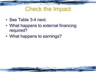 Check the Impact See Table 3-4 next. What happens to external financing required? What happens to earnings? 
