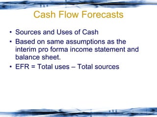 Cash Flow Forecasts Sources and Uses of Cash Based on same assumptions as the interim pro forma income statement and balance sheet. EFR = Total uses – Total sources 