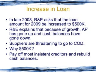 Increase in Loan In late 2008, R&E asks that the loan amount for 2009 be increased to $500K. R&E explains that because of growth, AP has gone up and cash balances have gone down. Suppliers are threatening to go to COD. Why $500K? Pay off most insistent creditors and rebuild cash balances. 