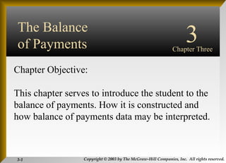 INTERNATIONAL FINANCIAL MANAGEMENT EUN / RESNICK Third Edition Chapter Objective: This chapter serves to introduce the student to the balance of payments. How it is constructed and how balance of payments data may be interpreted. 3 Chapter Three The Balance of Payments 