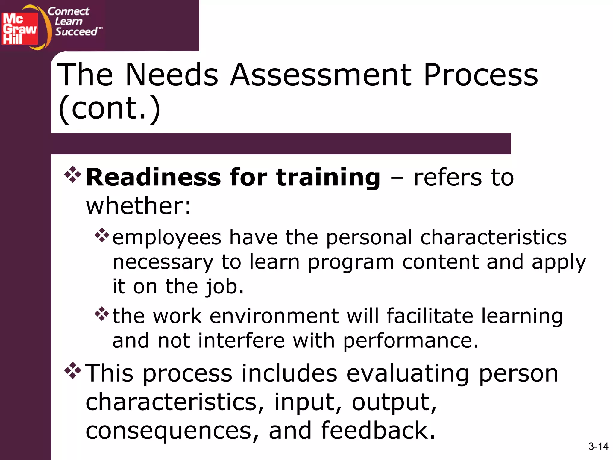 3-14
The Needs Assessment Process
(cont.)
Readiness for training – refers to
whether:
employees have the personal characteristics
necessary to learn program content and apply
it on the job.
the work environment will facilitate learning
and not interfere with performance.
This process includes evaluating person
characteristics, input, output,
consequences, and feedback.
 