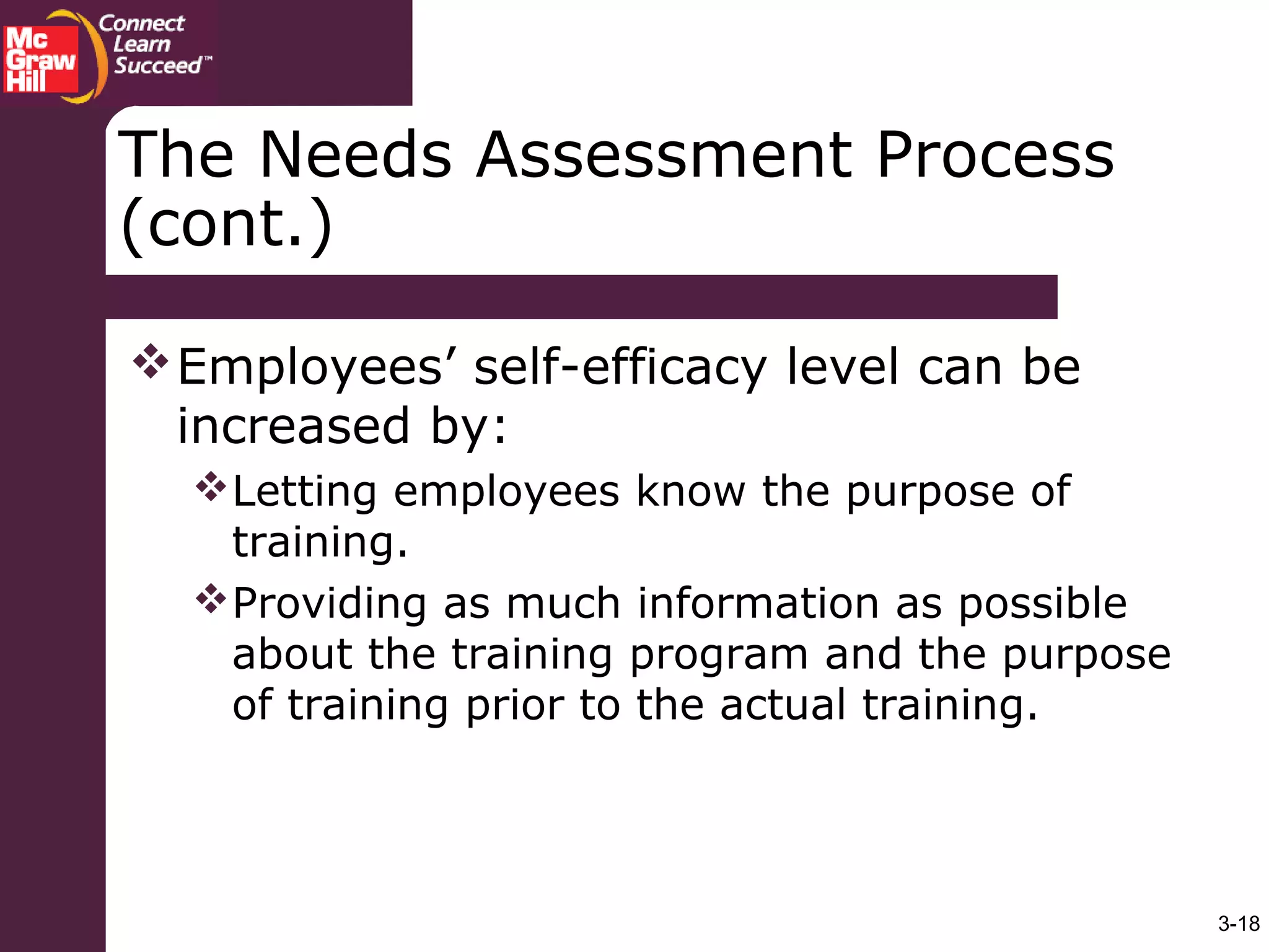 3-18
The Needs Assessment Process
(cont.)
Employees’ self-efficacy level can be
increased by:
Letting employees know the purpose of
training.
Providing as much information as possible
about the training program and the purpose
of training prior to the actual training.
 