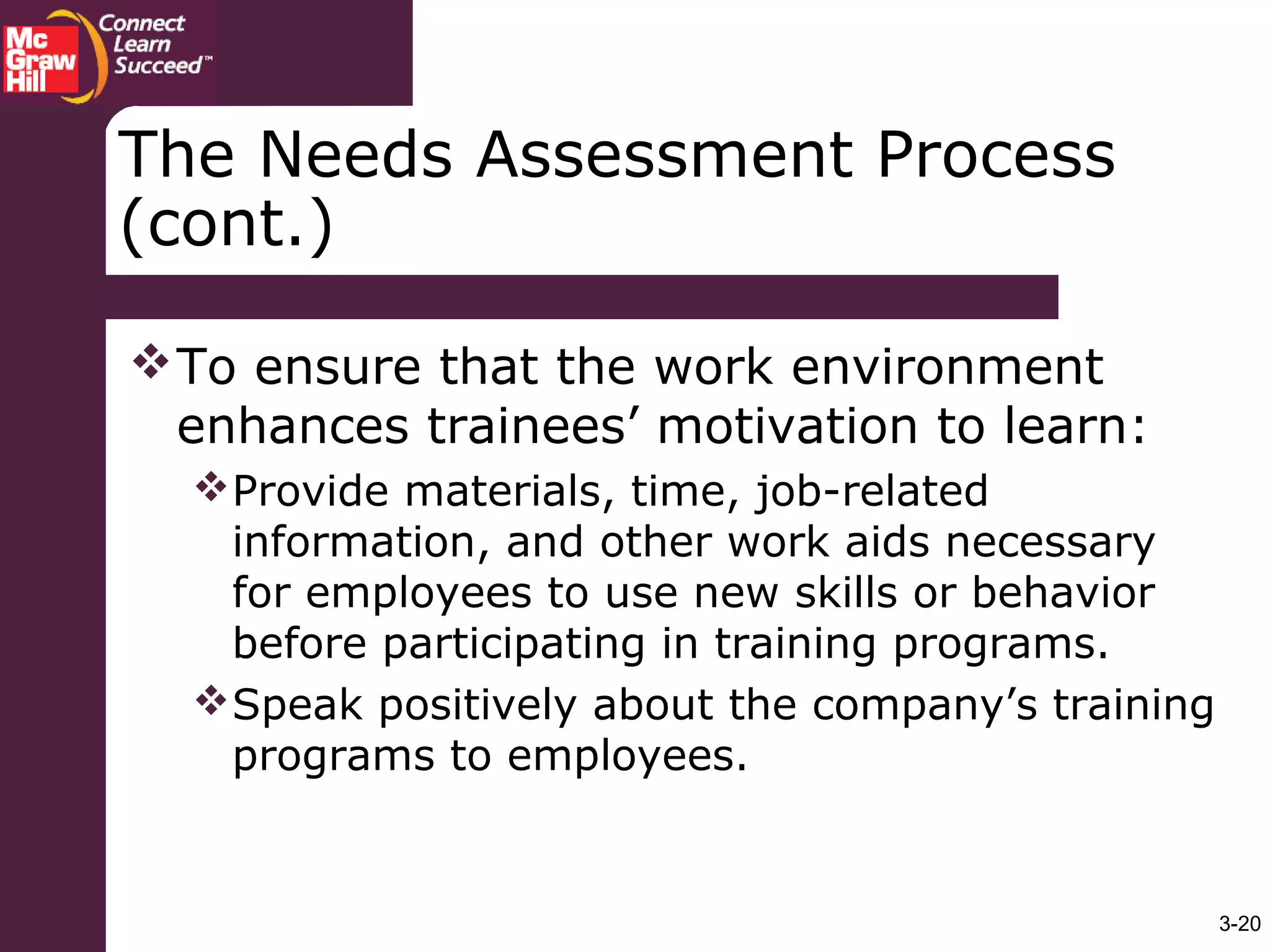 3-20
The Needs Assessment Process
(cont.)
To ensure that the work environment
enhances trainees’ motivation to learn:
Provide materials, time, job-related
information, and other work aids necessary
for employees to use new skills or behavior
before participating in training programs.
Speak positively about the company’s training
programs to employees.
 