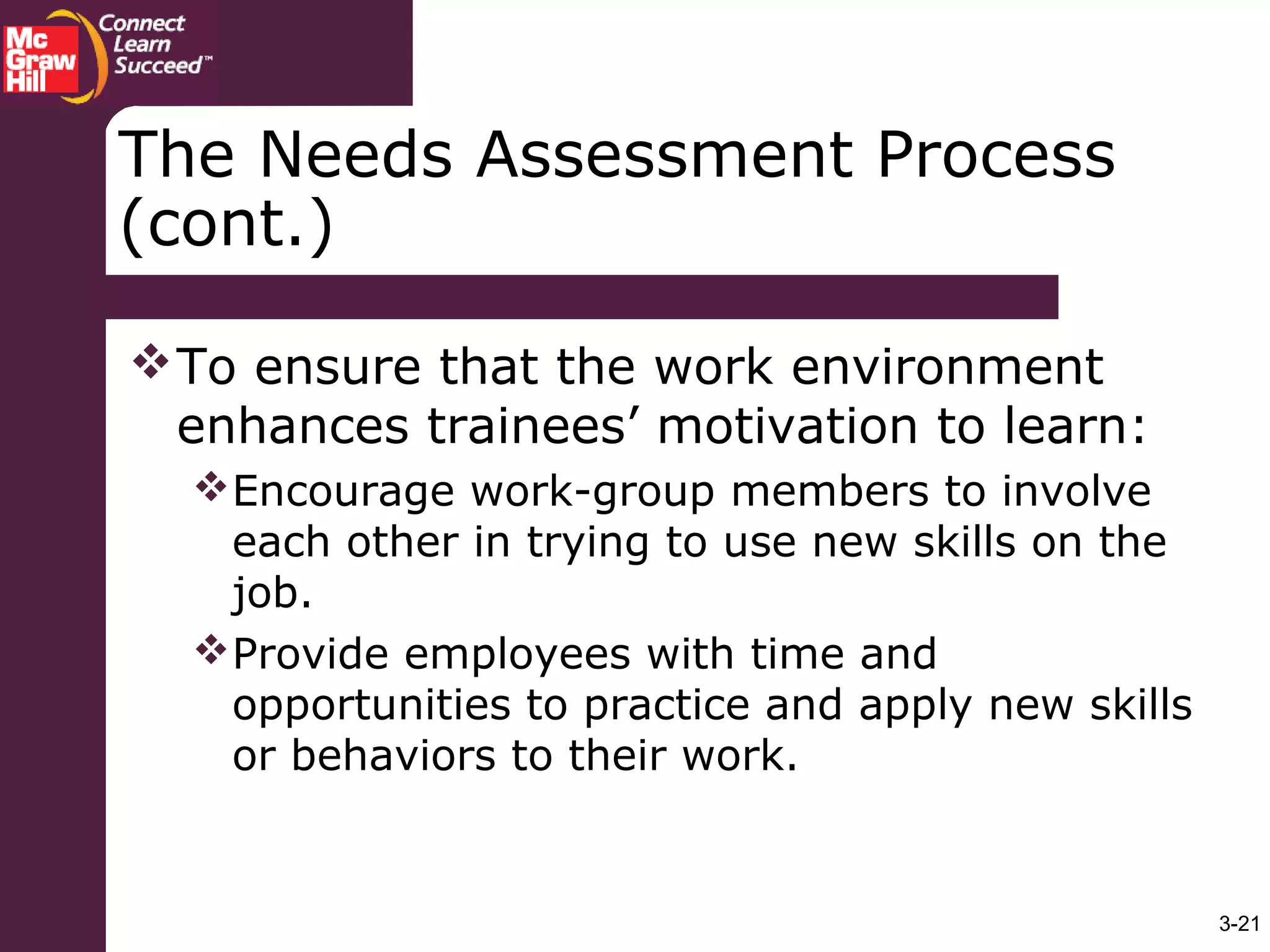 3-21
The Needs Assessment Process
(cont.)
To ensure that the work environment
enhances trainees’ motivation to learn:
Encourage work-group members to involve
each other in trying to use new skills on the
job.
Provide employees with time and
opportunities to practice and apply new skills
or behaviors to their work.
 