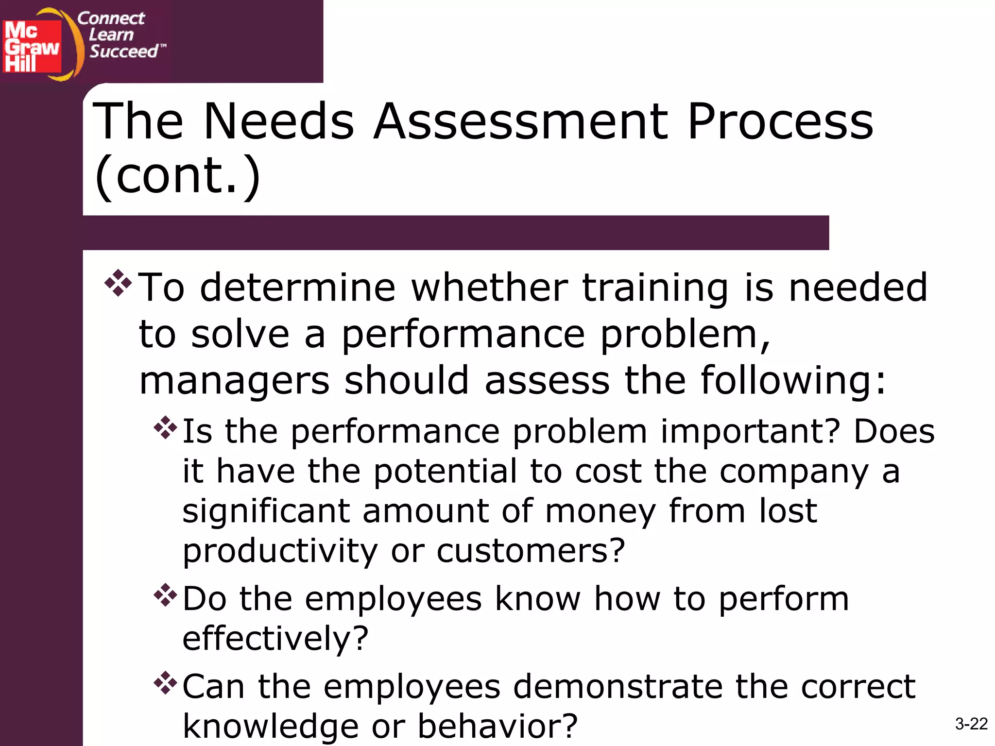 3-22
The Needs Assessment Process
(cont.)
To determine whether training is needed
to solve a performance problem,
managers should assess the following:
Is the performance problem important? Does
it have the potential to cost the company a
significant amount of money from lost
productivity or customers?
Do the employees know how to perform
effectively?
Can the employees demonstrate the correct
knowledge or behavior?
 