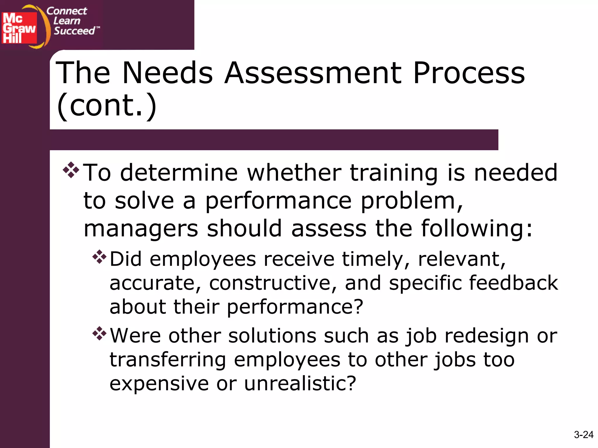 3-24
The Needs Assessment Process
(cont.)
To determine whether training is needed
to solve a performance problem,
managers should assess the following:
Did employees receive timely, relevant,
accurate, constructive, and specific feedback
about their performance?
Were other solutions such as job redesign or
transferring employees to other jobs too
expensive or unrealistic?
 