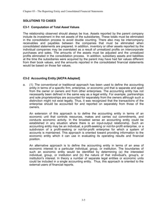 Chapter 03 - The Reporting Entity and Consolidated Financial Statements

SOLUTIONS TO CASES
C3-1 Computation of Total Asset Values
The relationship observed should always be true. Assets reported by the parent company
include its investment in the net assets of the subsidiaries. These totals must be eliminated
in the consolidation process to avoid double counting. There also may be intercompany
receivables and payables between the companies that must be eliminated when
consolidated statements are prepared. In addition, inventory or other assets reported by the
individual companies may be overstated as a result of unrealized profits on intercorporate
purchases and sales. The amounts of the assets must be adjusted and the unrealized
profits eliminated in the consolidation process. In addition, subsidiary assets and liabilities
at the time the subsidiaries were acquired by the parent may have had fair values different
from their book values, and the amounts reported in the consolidated financial statements
would be based on those fair values.

C3-2 Accounting Entity [AICPA Adapted]
a.

(1) The conventional or traditional approach has been used to define the accounting
entity in terms of a specific firm, enterprise, or economic unit that is separate and apart
from the owner or owners and from other enterprises. The accounting entity has not
necessarily been defined in the same way as a legal entity. For example, partnerships
and sole proprietorships are accounted for separately from the owners although such a
distinction might not exist legally. Thus, it was recognized that the transactions of the
enterprise should be accounted for and reported on separately from those of the
owners.
An extension of this approach is to define the accounting entity in terms of an
economic unit that controls resources, makes and carries out commitments, and
conducts economic activity. In the broadest sense an accounting entity could be
established in any situation where there is an input-output relationship. Such an
accounting entity may be an individual, a profit-seeking or not-for-profit enterprise, or a
subdivision of a profit-seeking or not-for-profit enterprise for which a system of
accounts is maintained. This approach is oriented toward providing information to the
economic entity which it can use in evaluating its operating results and financial
position.
An alternative approach is to define the accounting entity in terms of an area of
economic interest to a particular individual, group, or institution. The boundaries of
such an economic entity would be identified by determining (a) the interested
individual, group, or institution and (b) the nature of that individual's, group's, or
institution's interest. In theory a number of separate legal entities or economic units
could be included in a single accounting entity. Thus, this approach is oriented to the
external users of financial reports.

3-5

 
