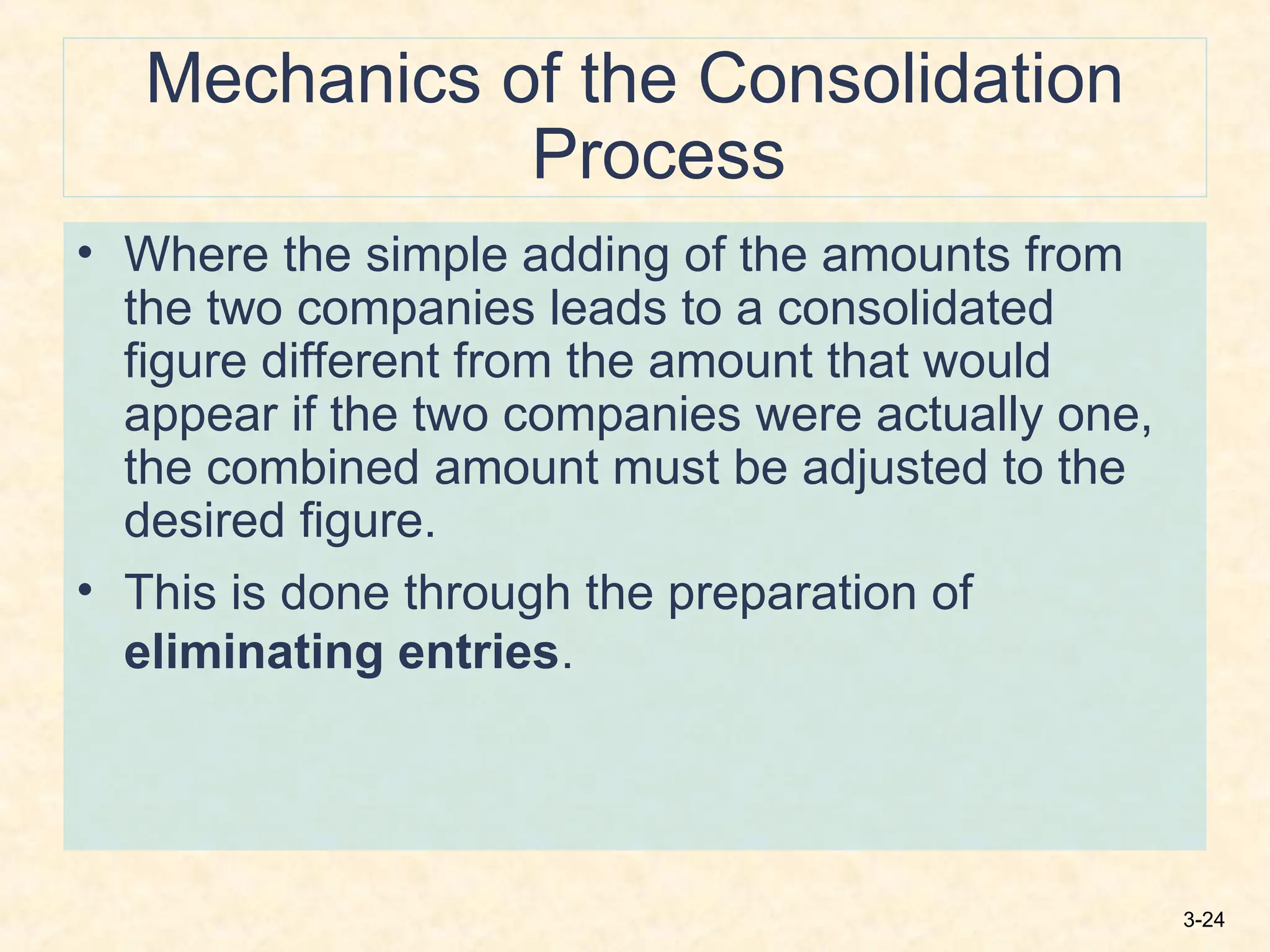 3-24
Mechanics of the Consolidation
Process
• Where the simple adding of the amounts from
the two companies leads to a consolidated
figure different from the amount that would
appear if the two companies were actually one,
the combined amount must be adjusted to the
desired figure.
• This is done through the preparation of
eliminating entries.
 