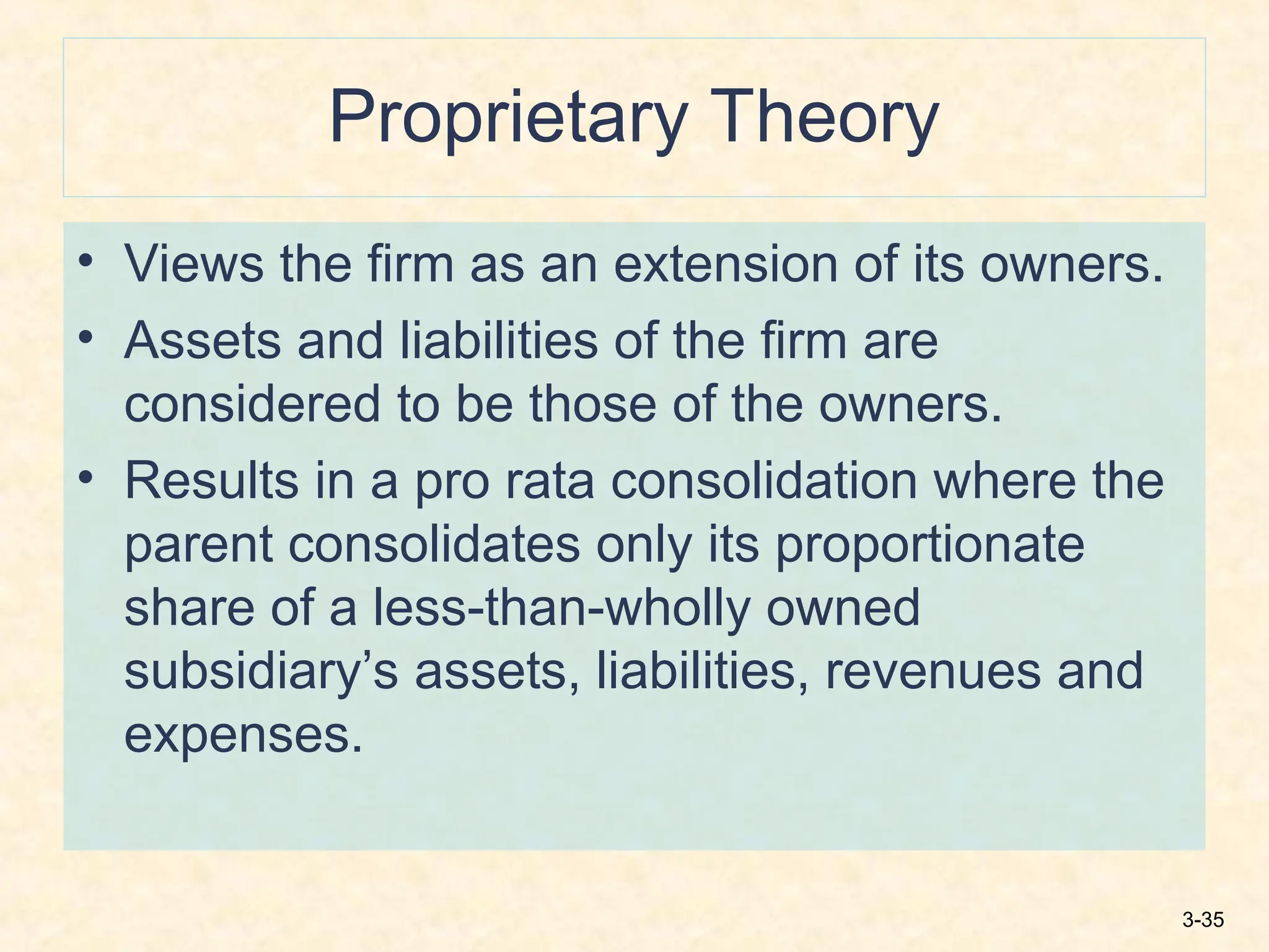 3-35
Proprietary Theory
• Views the firm as an extension of its owners.
• Assets and liabilities of the firm are
considered to be those of the owners.
• Results in a pro rata consolidation where the
parent consolidates only its proportionate
share of a less-than-wholly owned
subsidiary’s assets, liabilities, revenues and
expenses.
 
