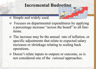 Incremental Budgeting
o Simple and widely used.
o Focuses on departmental expenditures by applying
a percentage increase “across the board” to all line-
items.
o The increase may be the annual rate of inflation, or
specific adjustments that relate to expected salary
increases or shrinkage relating to scaling back
operations.
o Doesn’t relate inputs to outputs or outcome, so is
not considered one of the rational approaches.
 