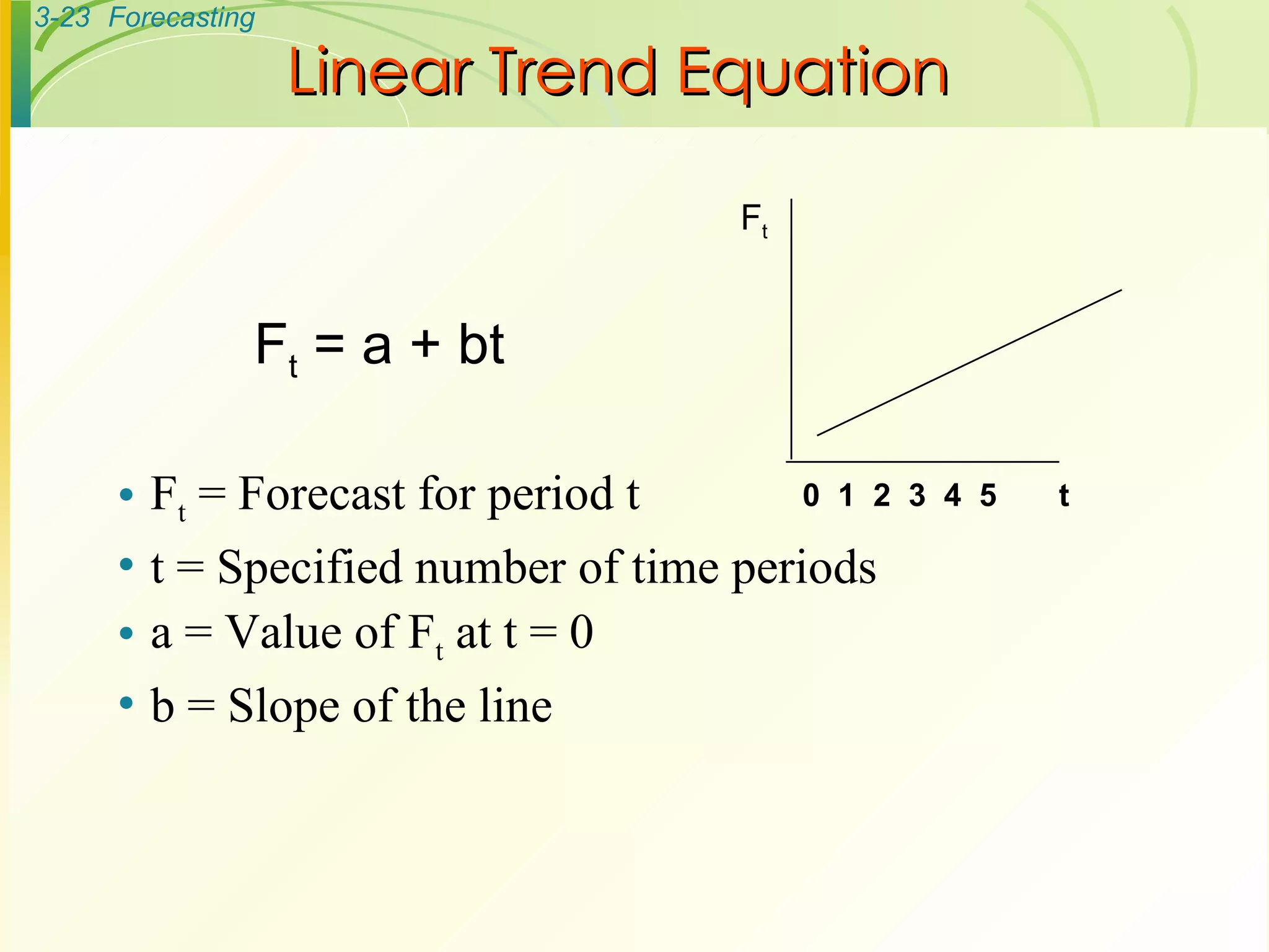 Linear Trend Equation F t  = Forecast for period t t = Specified number of time periods a = Value of F t  at t = 0 b = Slope of the line F t  = a + bt 0  1  2  3  4  5  t F t 