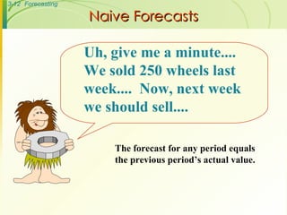 Naive Forecasts The forecast for any period equals the previous period’s actual value. Uh, give me a minute....  We sold 250 wheels last week....  Now, next week we should sell.... 