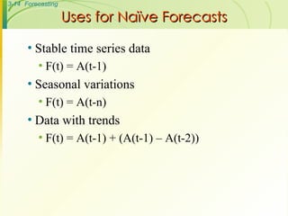 Stable time series data F(t) = A(t-1) Seasonal variations F(t) = A(t-n) Data with trends F(t) = A(t-1) + (A(t-1) – A(t-2)) Uses for Naïve Forecasts 
