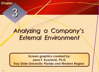 3-1
33
Chapter
Screen graphics created by:
Jana F. Kuzmicki, Ph.D.
Troy State University-Florida and Western Region
Analyzing a Company’sAnalyzing a Company’s
External EnvironmentExternal Environment
 