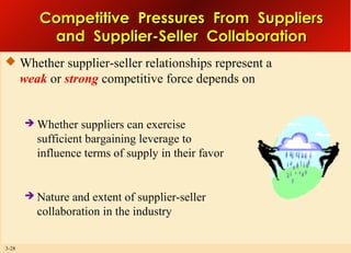 Competitive Pressures From Suppliers
and Supplier-Seller Collaboration
 Whether supplier-seller relationships represent a

weak or strong competitive force depends on





3-28

Whether suppliers can exercise
sufficient bargaining leverage to
influence terms of supply in their favor

Nature and extent of supplier-seller
collaboration in the industry

 