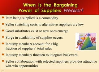 When Is the Bargaining
Power of Suppliers Weaker?
 Item being supplied is a commodity
 Seller switching costs to alternative suppliers are low
 Good substitutes exist or new ones emerge
 Surge in availability of supplies occurs
 Industry members account for a big

fraction of suppliers’ total sales
 Industry members threaten to integrate backward
 Seller collaboration with selected suppliers provides attractive

win-win opportunities
3-31

 