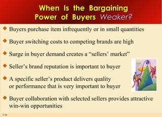 When Is
Power of

the Bargaining
Buyers Weaker?

 Buyers purchase item infrequently or in small quantities
 Buyer switching costs to competing brands are high
 Surge in buyer demand creates a “sellers’ market”
 Seller’s brand reputation is important to buyer
 A specific seller’s product delivers quality

or performance that is very important to buyer
 Buyer collaboration with selected sellers provides attractive

win-win opportunities
3-36

 