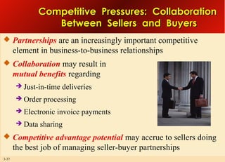 Competitive Pressures: Collaboration
Between Sellers and Buyers
 Partnerships are an increasingly important competitive

element in business-to-business relationships
 Collaboration may result in

mutual benefits regarding


Just-in-time deliveries



Order processing



Electronic invoice payments



Data sharing

 Competitive advantage potential may accrue to sellers doing

the best job of managing seller-buyer partnerships
3-37

 