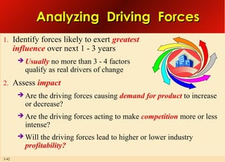 Analyzing Driving Forces
1. Identify forces likely to exert greatest

influence over next 1 - 3 years
 Usually

no more than 3 - 4 factors
qualify as real drivers of change

2. Assess impact
 Are

the driving forces causing demand for product to increase
or decrease?

 Are

the driving forces acting to make competition more or less
intense?

 Will

the driving forces lead to higher or lower industry
profitability?

3-42

 