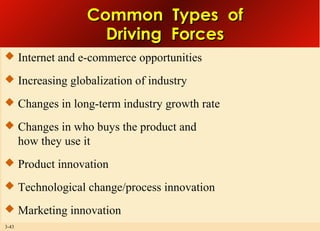 Common Types of
Driving Forces
 Internet and e-commerce opportunities
 Increasing globalization of industry
 Changes in long-term industry growth rate
 Changes in who buys the product and

how they use it
 Product innovation
 Technological change/process innovation
 Marketing innovation
3-43

 
