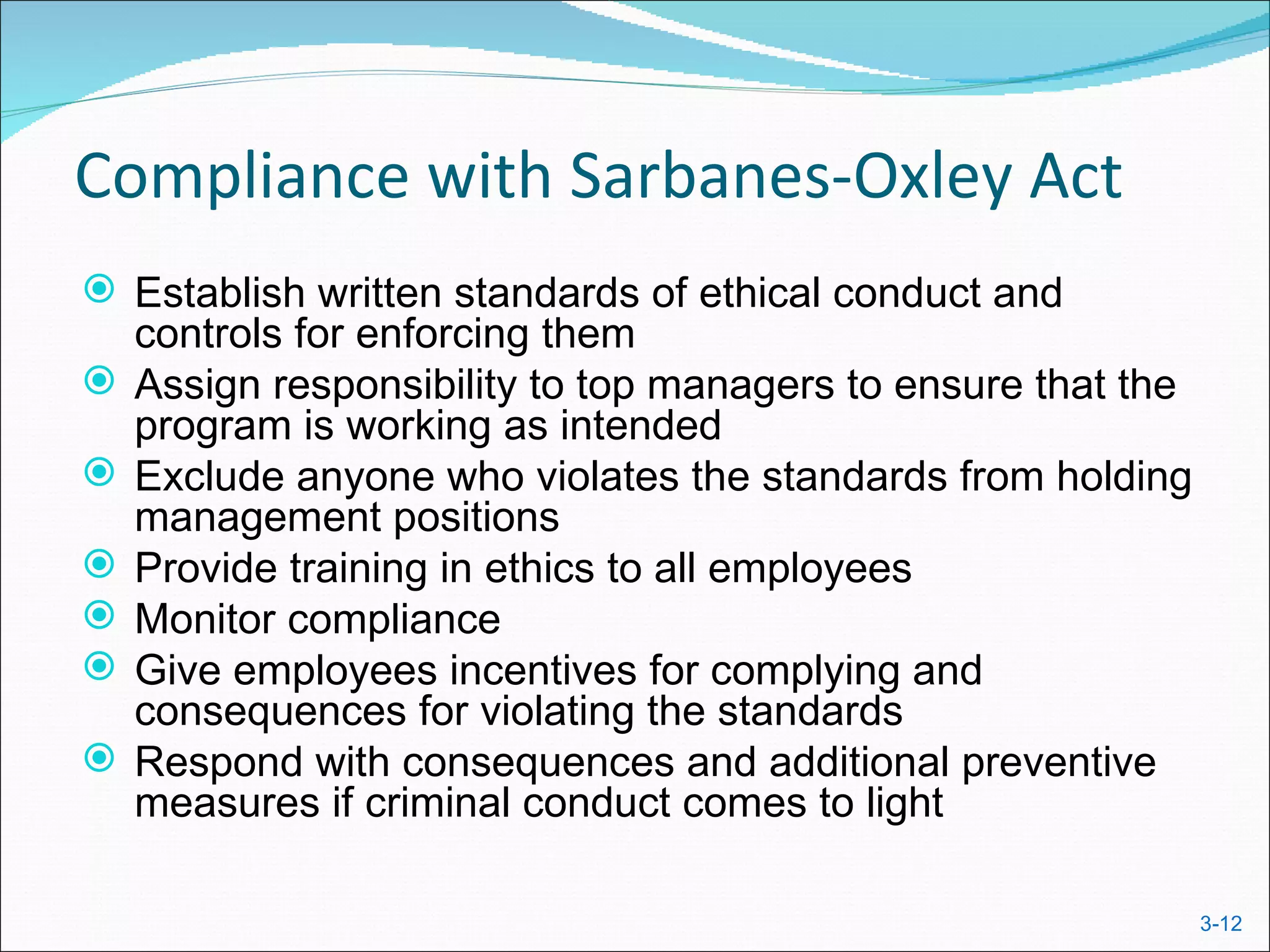 Compliance with Sarbanes-Oxley Act
 Establish written standards of ethical conduct and
    controls for enforcing them
   Assign responsibility to top managers to ensure that the
    program is working as intended
   Exclude anyone who violates the standards from holding
    management positions
   Provide training in ethics to all employees
   Monitor compliance
   Give employees incentives for complying and
    consequences for violating the standards
   Respond with consequences and additional preventive
    measures if criminal conduct comes to light

                                                               3-12
 
