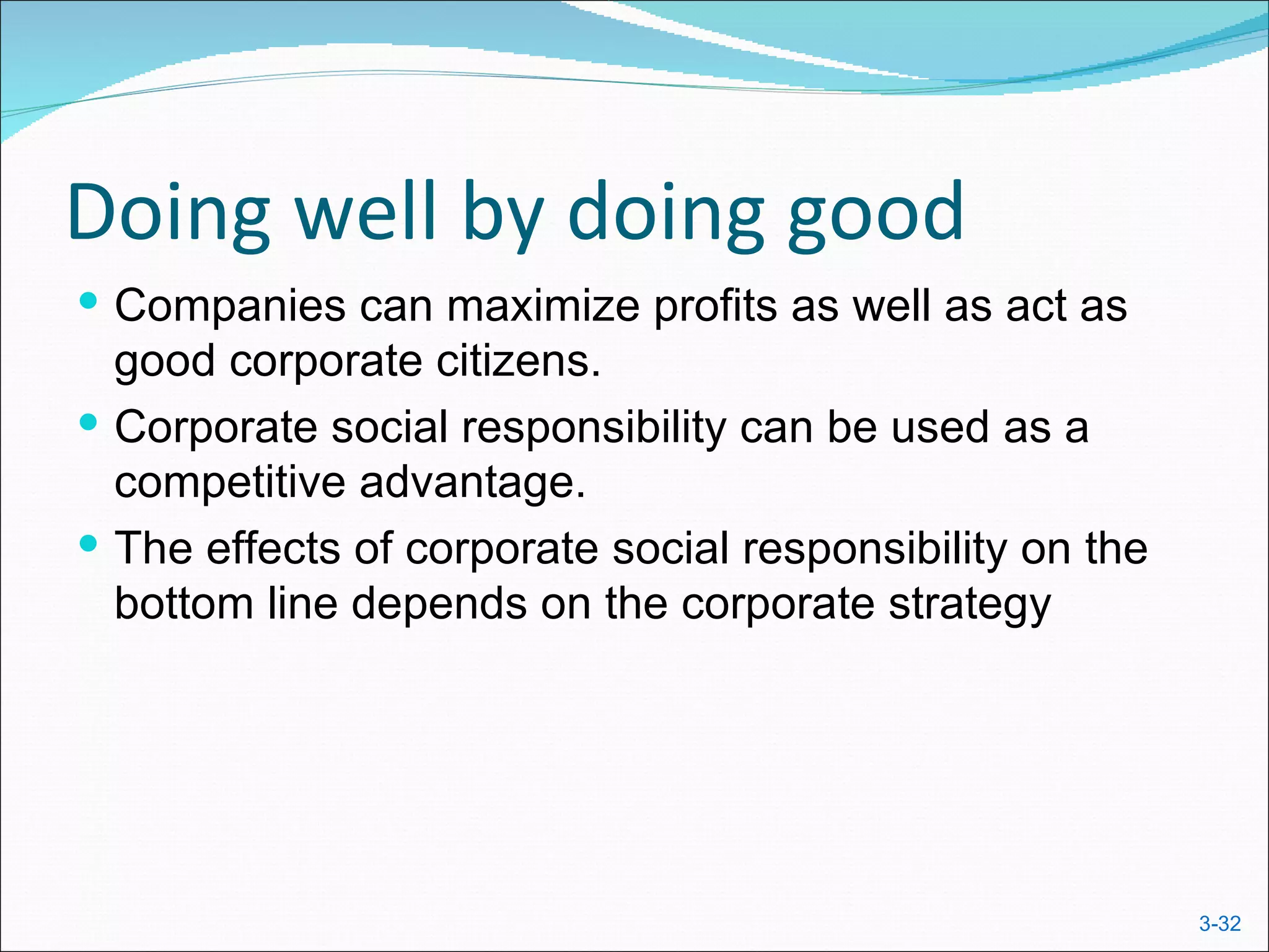 Doing well by doing good
 Companies can maximize profits as well as act as
  good corporate citizens.
 Corporate social responsibility can be used as a
  competitive advantage.
 The effects of corporate social responsibility on the
  bottom line depends on the corporate strategy




                                                          3-32
 